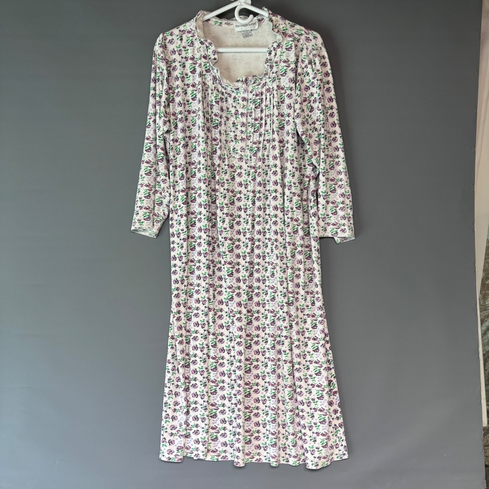 The Eagle's Eye Vintage Floral Cotton Nightgown Purple Green Ruffle Pintuck M